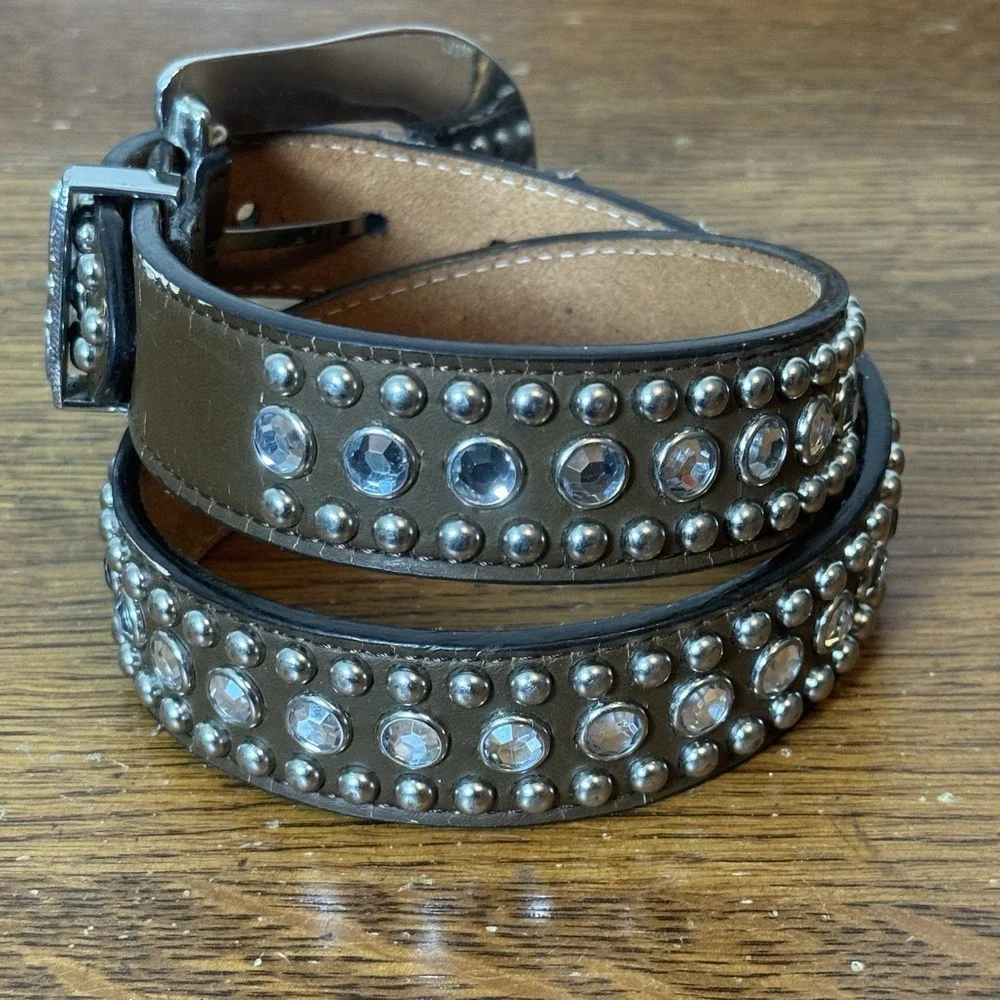 Genuine Leather Studded Rhinestone Belt Brown Silver Tone Western Style 26